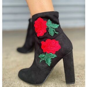 BAMBOO black vegan Swede With Red Floral Embroidery